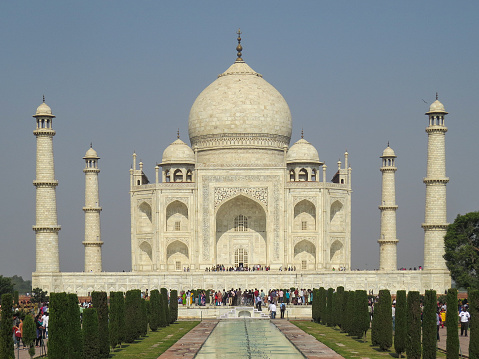 The Taj Mahal is a beautiful, white-marble mausoleum built by Mughul emperor Shah Jahan for his beloved wife, Mumtaz Mahal. Located on the southern bank of the Yamuna River near Agra, India
