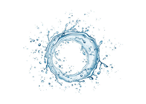 Blue circle water splash and drops isolated on white  background. Blue circle water splash and drops isolated on white background. Pure aqua and bubbles. Vector texture. spray stock illustrations