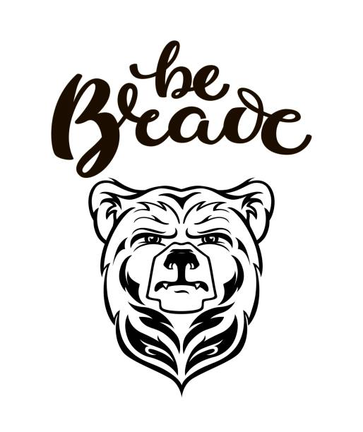illustrazioni stock, clip art, cartoni animati e icone di tendenza di bear head mascot, logo dell'orso vettoriale, stile tatuaggio maori disegnato a mano, per illustrazione, poster, icona, etichetta, logotype, isolato, su sfondo bianco. silhouette animale selvatico con testo disegnato a mano sii coraggioso - tatuaggi maori