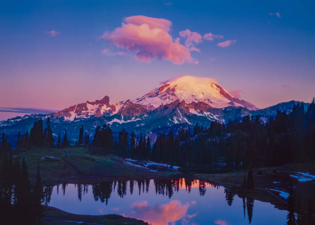 mañana de primavera en la cordillera cascade con la reflexión del monte rainier, wa - monte rainier fotografías e imágenes de stock