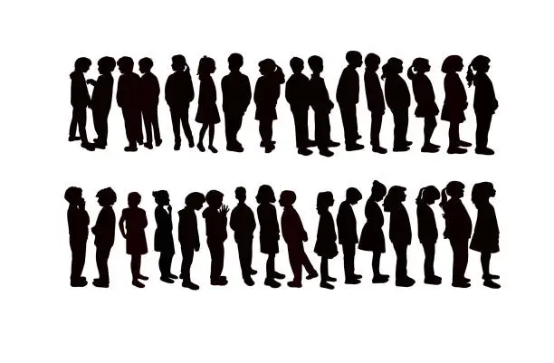 Vector illustration of Children together, waiting in line silhouette vector