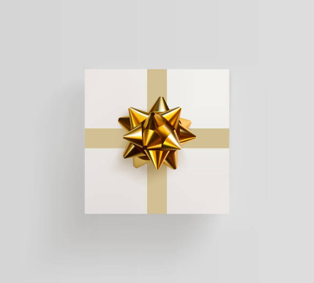 Decorative white gift box with realistic golden bow vector art illustration