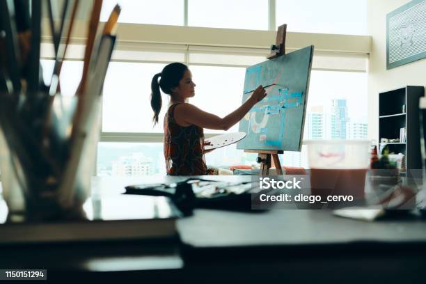 People Girl Woman Painting In Lab For Arts Hobby Work Stock Photo - Download Image Now