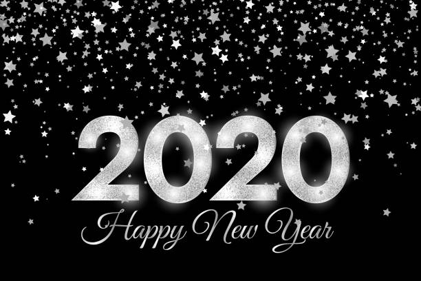 istock 2020 Happy New Year. Silver numbers and stars on dark background. New Year 2020 greeting card. 1150154286