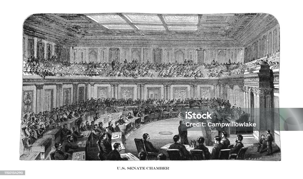 First Century United States illustrations - 1873 - Interior view of the U.S. Senate Chamber From First Century of National Existence; The United States - 1873 USA stock illustration