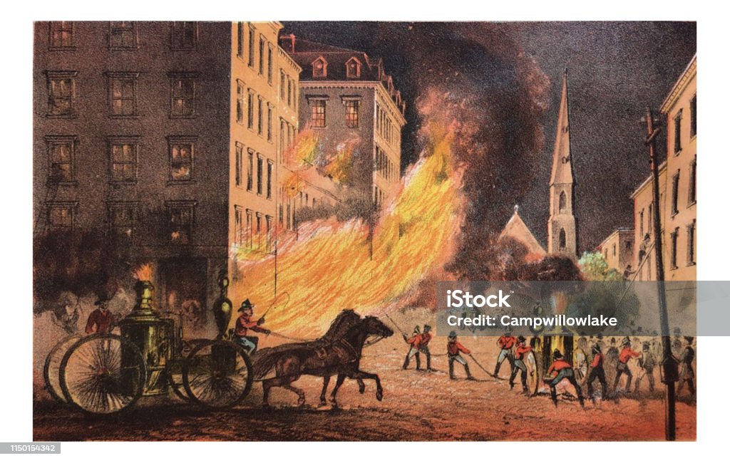 First Century United States illustrations - 1873 - Men fighting large building fire From First Century of National Existence; The United States - 1873 Old-fashioned stock illustration