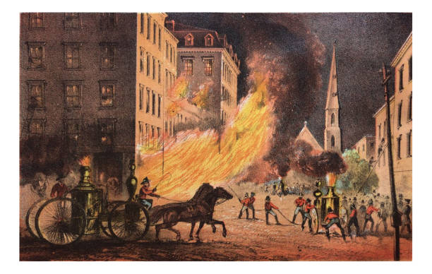 First Century United States illustrations - 1873 - Men fighting large building fire vector art illustration
