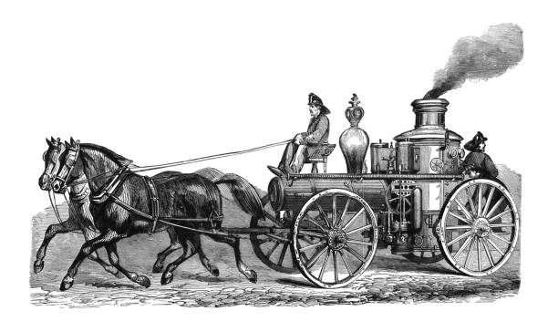 First Century United States illustrations - 1873 - Steam fire engine vector art illustration