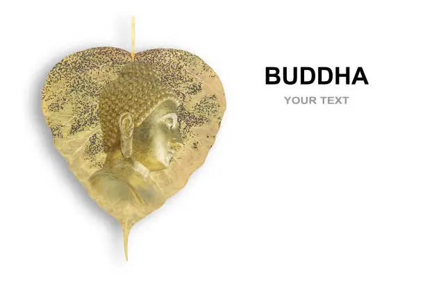 Photo of Golden Buddha statue on Ficus religiosa (bai Pho thong), Sacred fig leaf of Bodhi Tree.