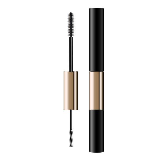 istock A mascara tube and   wand applicator. Cosmetic bottle with eyelash brush. Isolated on white background. Grunge swatch, black wavy brush stroke hand drawn. 3d realistic 1150163519