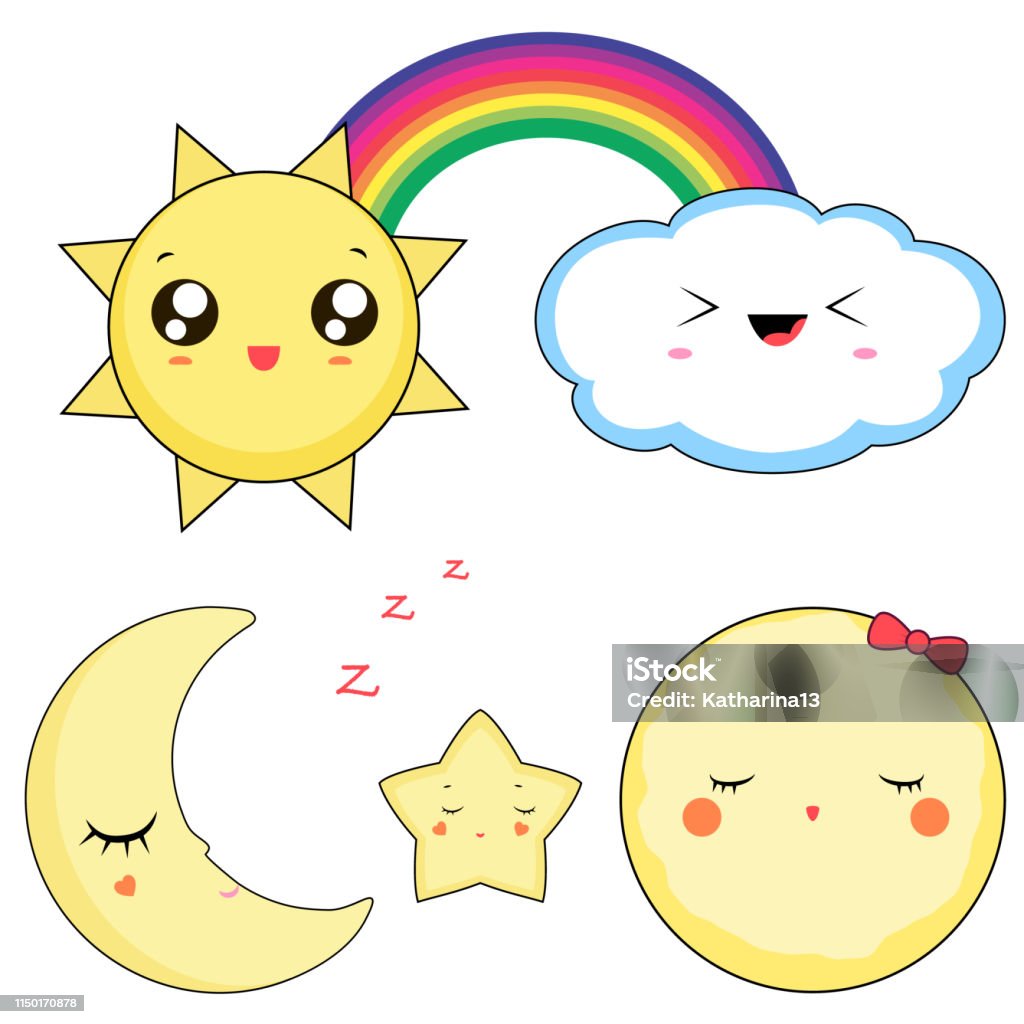 Kawaii weather cute characters isolated on white background Kawaii weather cute characters set, collection isolated on white background. Japanese style children vector illustration of sun, rainbow and clouds, sleeping moon and star Anthropomorphic Face stock vector