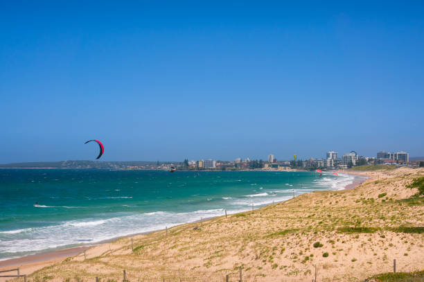 istock Panoramic beach with colorful kite surfers parachutes 1150171032