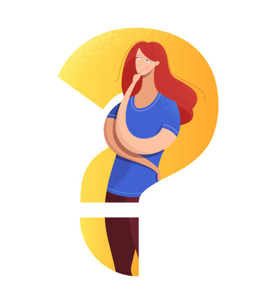 Confused girl flat vector illustration Confused girl flat vector illustration. Cartoon woman in question mark silhouette isolates character. Frustrated teenager making decision. Vulnerable lady in doubt with hand on chin gesture asking illustrations stock illustrations