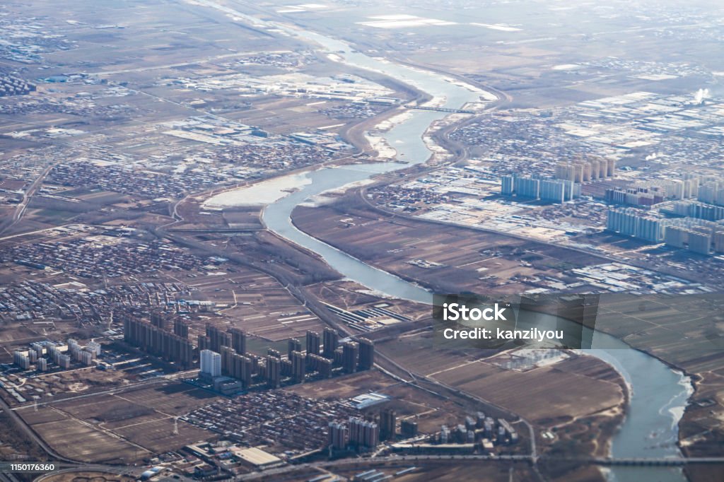 Beijing,China skyline as seen from an airplane Beijing,China skyline as seen from an airplane. Shooting Location: Beijing Aerial View Stock Photo
