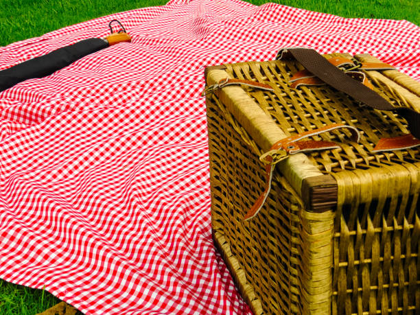 istock Red checkered tablecloth and picnic basket 1150182443