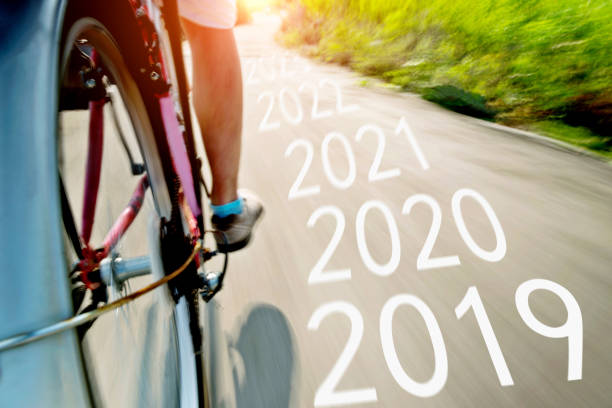 istock Bicycle on asphalt road with writing Number 2019, 2020 1150189655