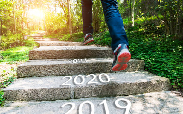 number of 2019 to 2022 on stones footpath - determination running staircase jogging imagens e fotografias de stock
