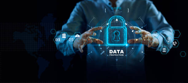 istock Data protection privacy concept. GDPR. EU. Cyber security network. Business man protecting data personal information on tablet and virtual interface. Padlock icon and internet technology networking connection on digital 1150196772