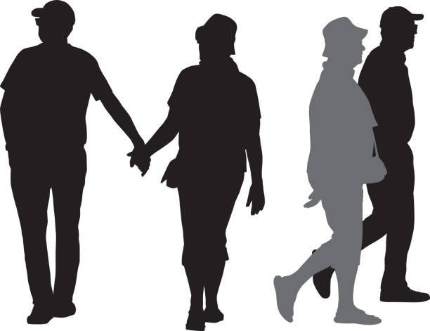 stockillustraties, clipart, cartoons en iconen met senior paar silhouetten - heteroseksueel koppel