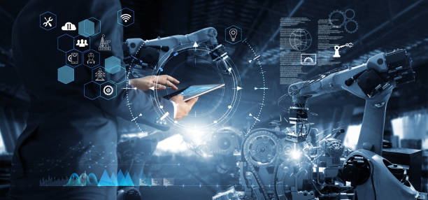 manager technical industrial engineer che lavora e controlla la robotica con software di sistema di monitoraggio e connessione di rete del settore delle icone su tablet. ai, intelligenza artificiale, braccio robot automazione - industria foto e immagini stock