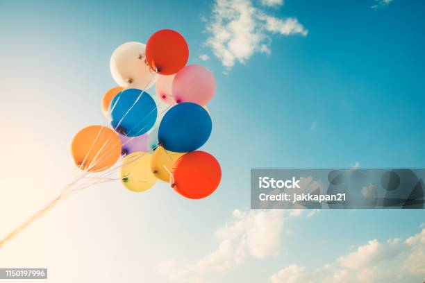 Vintage Colorful Balloon Stock Photo - Download Image Now - Balloon, Sky, Birthday