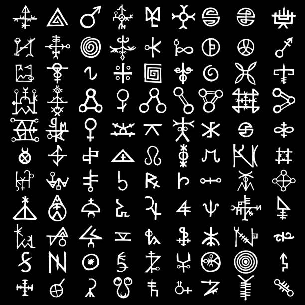Large set of alchemical symbols on the theme of old manuscript with occult lyrics alphabet and symbols. Esoteric written signs inspired by medieval writings. Vector Large set of alchemical symbols on the theme of old manuscript with occult lyrics alphabet and symbols. Esoteric written signs inspired by medieval writings. Vector occult symbols stock illustrations