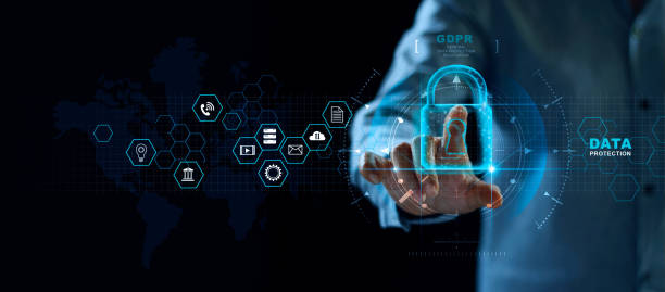 istock Data protection privacy concept. GDPR. EU. Cyber security network. Business man protecting data personal information on tablet and virtual interface. Padlock icon and internet technology networking connection on digital background 1150199867