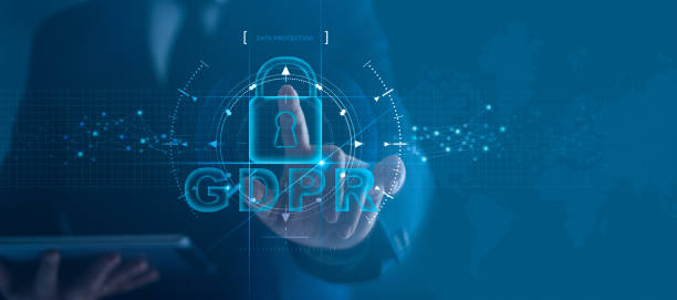 istock Data protection privacy concept. GDPR. EU. Cyber security network. Business man protecting data personal information on tablet and virtual interface. Padlock icon and internet technology networking connection on digital background 1150200783