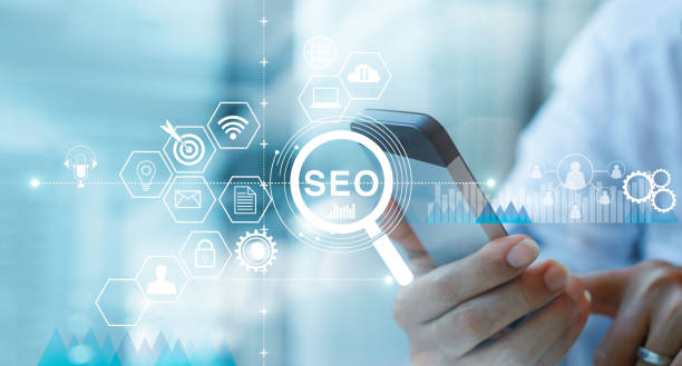 seo search engine optimization marketing concept. voice search. businessman using mobile smartphone and searching on network connection. digital online marketing. business technology. - communication marketing dictionary global communications imagens e fotografias de stock