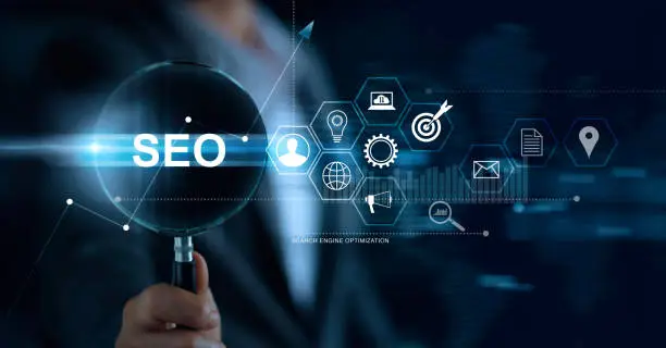 Photo of SEO Search Engine Optimization Marketing concept. Businessman with magnifying glass in hand searching on website and network. Digital online marketing. Business Technology.