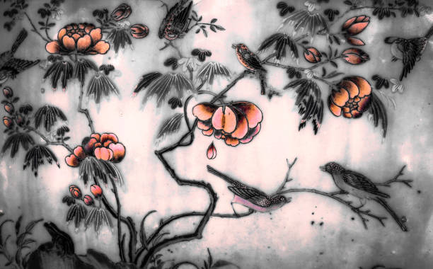 木と花の詳細は、エメラルド仏の寺院に沿ってタイルパターンの壁に黒と白を分離しました - tree symbol watercolour paints watercolor painting ストックフォトと画像