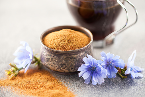 Diet drink chicory in a cup - coffee substitutes, powder and fowers on the dark background. Selective focus