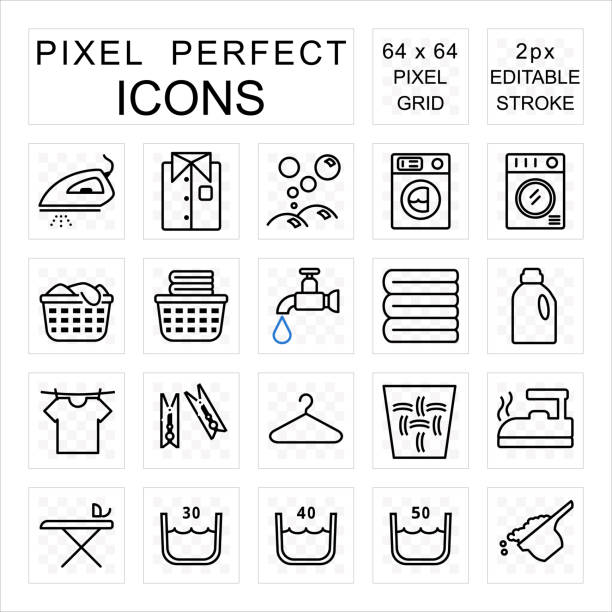 прачечная пиксель идеальный набор значков с мытьем и домашней работы концепции - laundry symbol stock illustrations