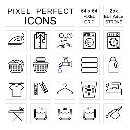 Laundry pixel perfect icon set with washing and housework concept editable 2 pixel stroke