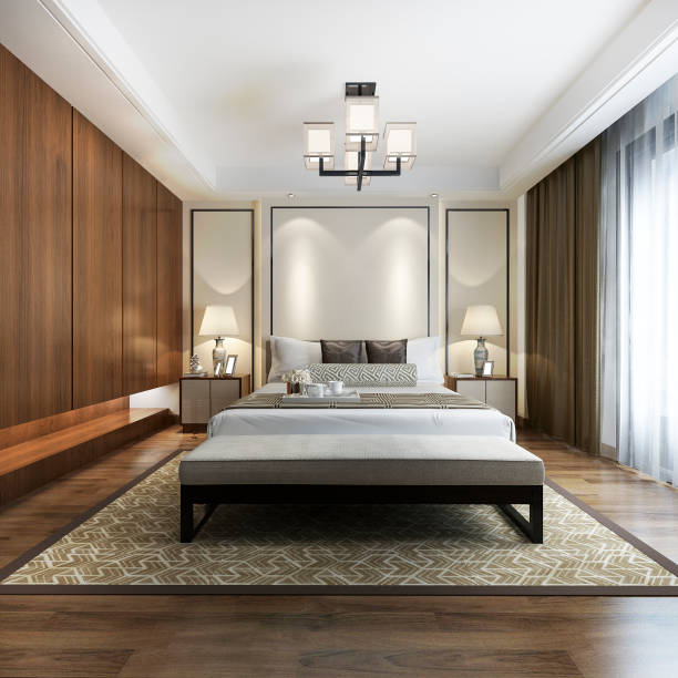 istock 3d rendering luxury chinese modern bedroom suite in hotel with wardrobe 1150208267