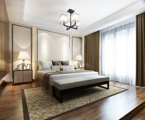 istock 3d rendering luxury chinese modern bedroom suite in hotel with wardrobe 1150208272