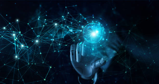 istock Hand of robot touching global futuristic network connection. AI, artificial intelligence, Iot, innovation and technology. 1150209335
