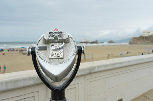San Francisco,CA,USA - April 29, 2018 : Coin operated binoculars at the Ocean Beach Fire Pits in San Francisco,CA on April 29,2018.