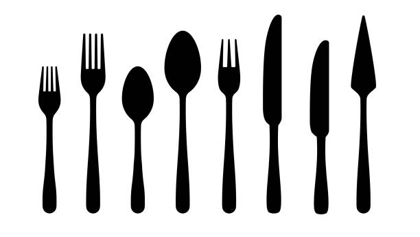 ilustrações de stock, clip art, desenhos animados e ícones de cutlery silhouettes. fork spoon knife black icons, silverware silhouettes on white background. vector cutlery set - fork