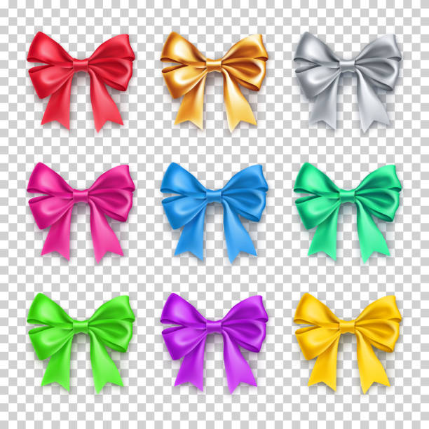 Shiny decorative gift bows with ribbons Shiny decorative gift bows from satin tape with shadow isolated on transparent background. Bright spiral bows collection. Realistic decoration for holidays presents. Different 3d objects from silk. bow hair bow ribbon gold stock illustrations