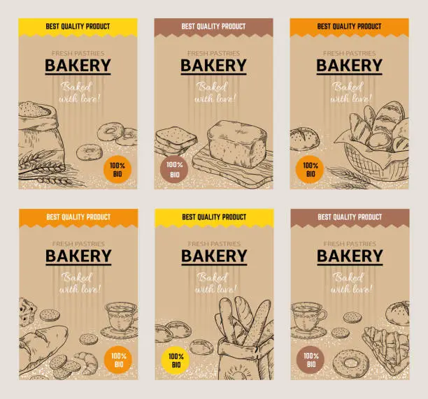 Vector illustration of Bakery hand drawn posters. Vintage bread menu design template, sweet cookies and pies doodle sketch. Vector wheat flour bakery