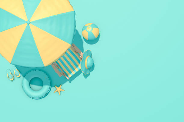 3d rendering, Top view of beach umbrella and chair on the turquoise color background, minimal summer concept. Sunlight, travel.