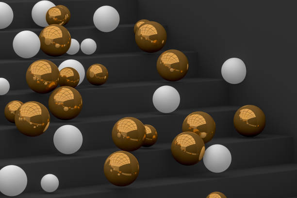 istock Large group of spheres falling down the stairs, minimal idea concept 1150217981