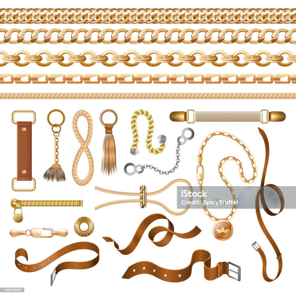 1904.m30.i030.n007.P.c25.1221071986 Chains and braids. Bracelets leather belts and golden furniture elements, ornamental jewellery set. Vector fabric and buckle set Chain and belt elements. Golden braid leather strap and furniture, fashion ornamental elements. Vector vintage elegant baroque bracelets and buckles Pendant stock vector