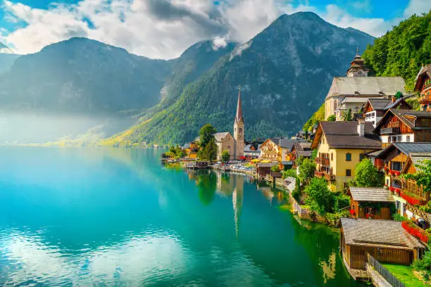 Photo of Fantastic view with Hallstattersee lake and wooden houses, Hallstatt, Austria