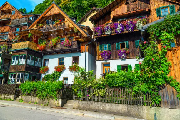 Photo of Alpine village street with flowery wooden houses, Hallstatt, Salzkammergut, Austria