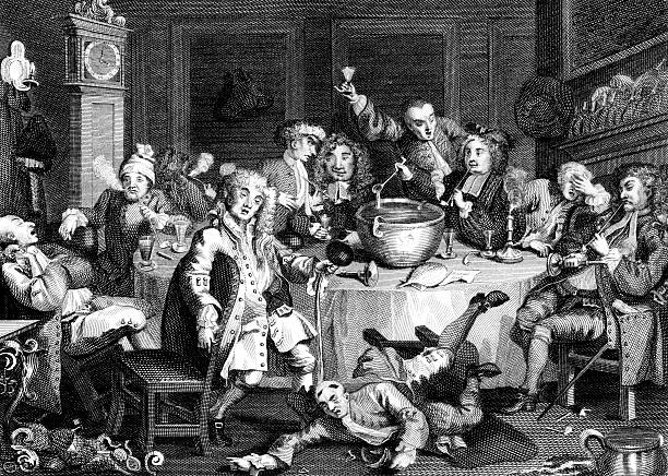 18th century drinking party in england by hogarth - britanya kültürü illüstrasyonlar stock illustrations