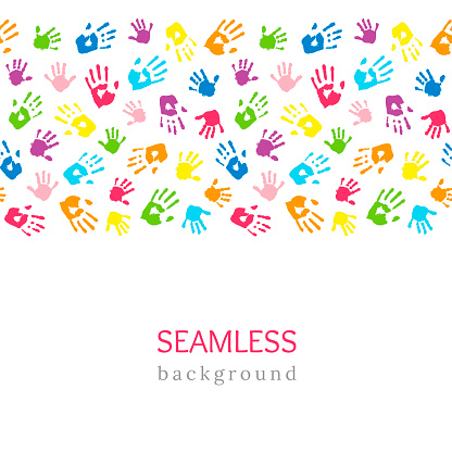 Colored hands on white. Seamless horizontal border made of handprints. Endless colorful background. Vector illustration