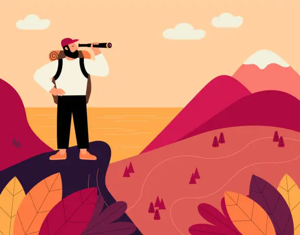 Vector illustration of Man with backpack and spyglass, traveller standing on top of mountain and looking on valley. Flat cartoon vector illustration.