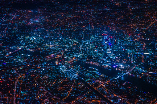 London night view as seen from an airplane. Shooting Location: London